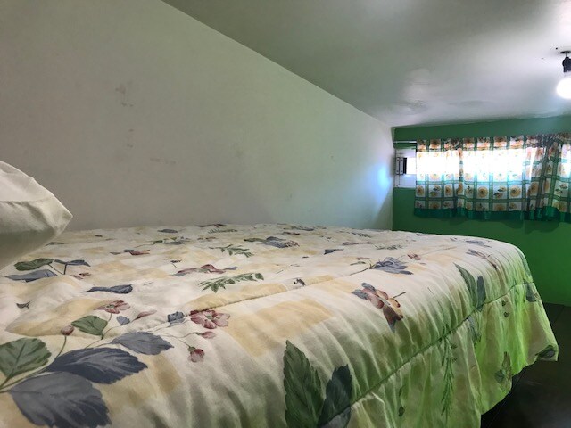 A spacious sleeping area is featured with a floral-patterned bedspread covering a large mattress. Natural light enters through a window adorned with colorful curtains, illuminating the room's green walls.