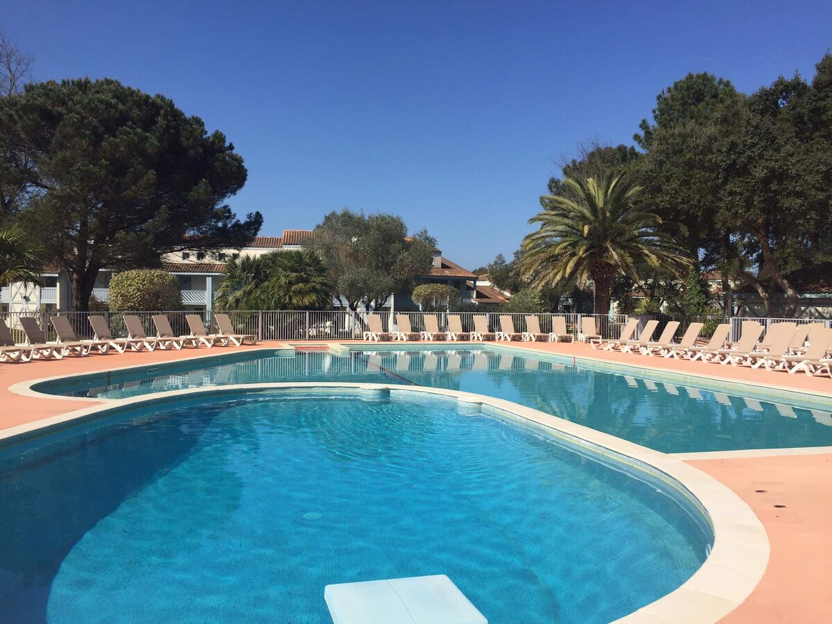 A curved swimming pool is surrounded by a spacious deck featuring numerous lounge chairs. Lush greenery, including palm trees and tall pines, is visible in the background under a clear blue sky.