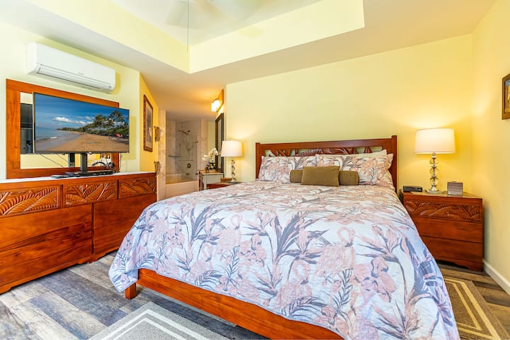 חדר שינה ראשי עם יחידת מיזוג אוויר ורהיטי מהגוני