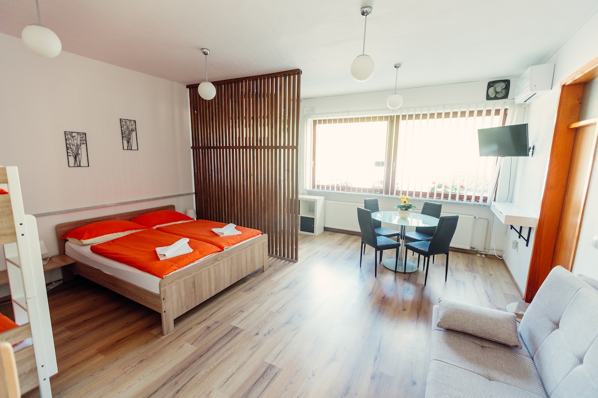 A modern studio apartment is presented with a spacious bed featuring bright orange bedding. A partition of wooden slats divides the sleeping area from a cozy sitting area with a small dining table and four chairs. Large windows provide ample natural light.
