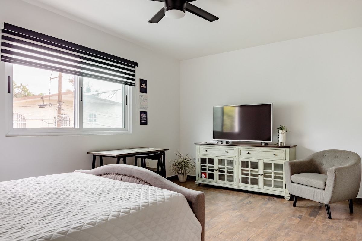 A well-lit individual room features a comfortable bed with a textured white coverlet. A modern television is placed on a stylish cabinet, accompanied by a small plant. A sleek black ceiling fan and a desk area are present, with large windows providing natural light.
