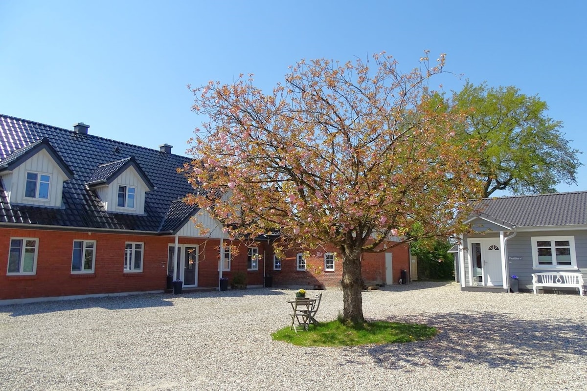A spacious courtyard is highlighted by a blossoming tree, surrounded by well-maintained gravel. The two-story building features a traditional architectural style with multiple windows. The adjacent structure offers inviting seating, creating a pleasant outdoor area.