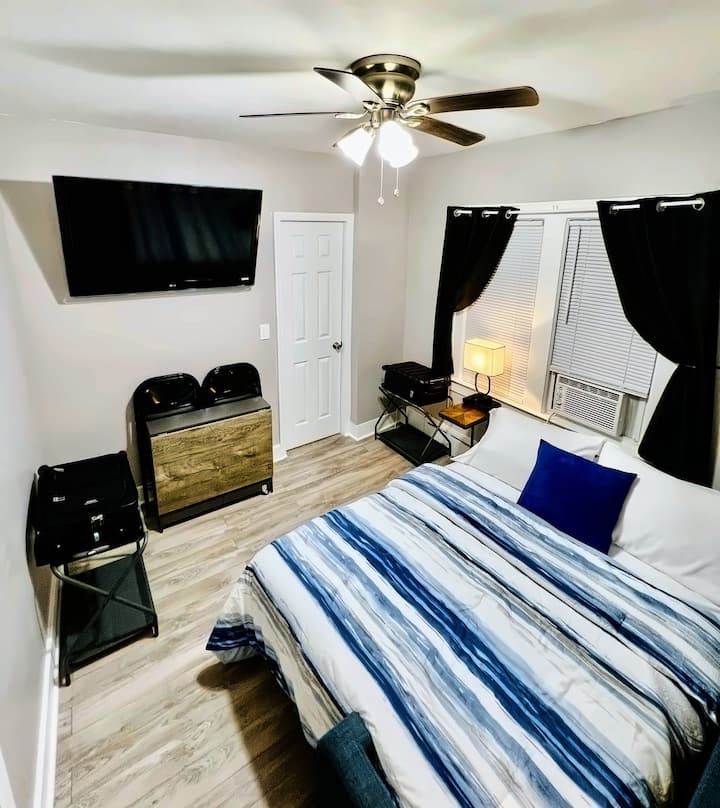 Room 2 as a cozy Bedroom. Pull out the sleeper couch that turns into a bed. Don't forget to use the Tri Fold Mattress Topper. Clean bedding located in the couch storage.