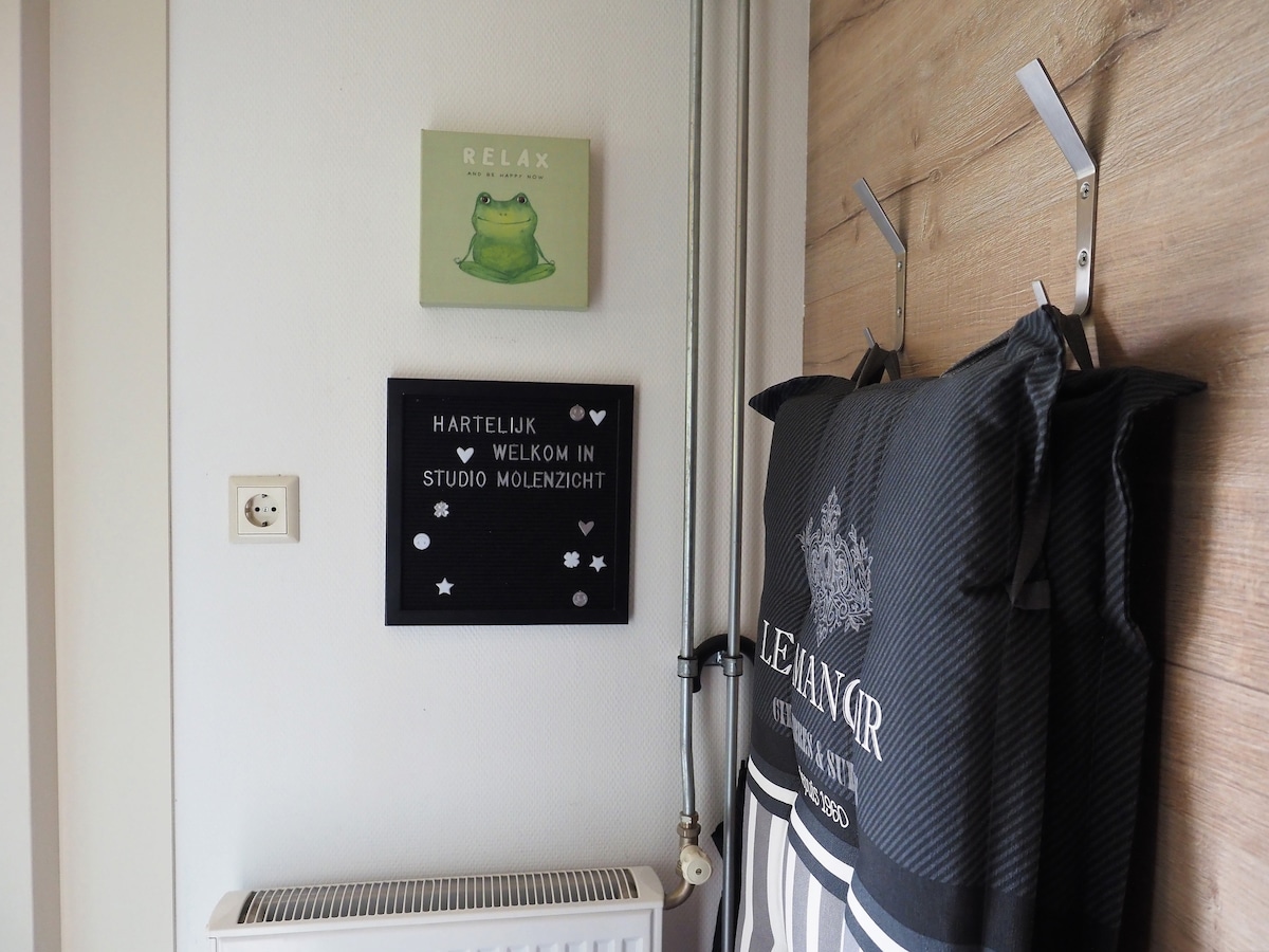 An entryway showcases a welcoming letter board greeting guests. Above it, a cheerful green frog artwork and a cozy heating radiator are visible. Two striped hanging bags are neatly arranged, enhancing the functional and inviting atmosphere of the studio.