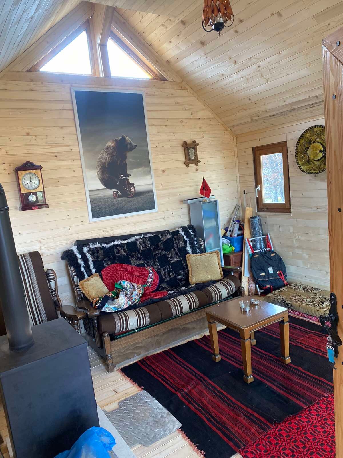 Inside the cottage, a cozy seating area is featured with a dark sofa adorned with decorative pillows. A small wooden table occupies the center, surrounded by a patterned rug. A clock and artwork add character to the wooden walls, while a stove stands nearby.