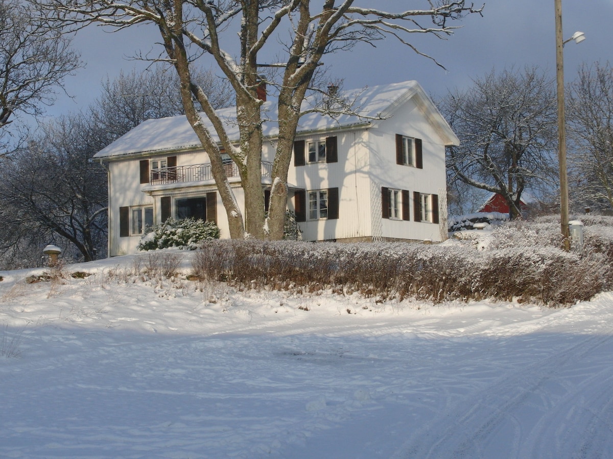 A two-story white house is set amid a snowy landscape, surrounded by bare trees. The roof and ground are covered with a layer of fresh snow, creating a serene winter scene. A balcony is visible on the upper floor, enhancing the home's charm.