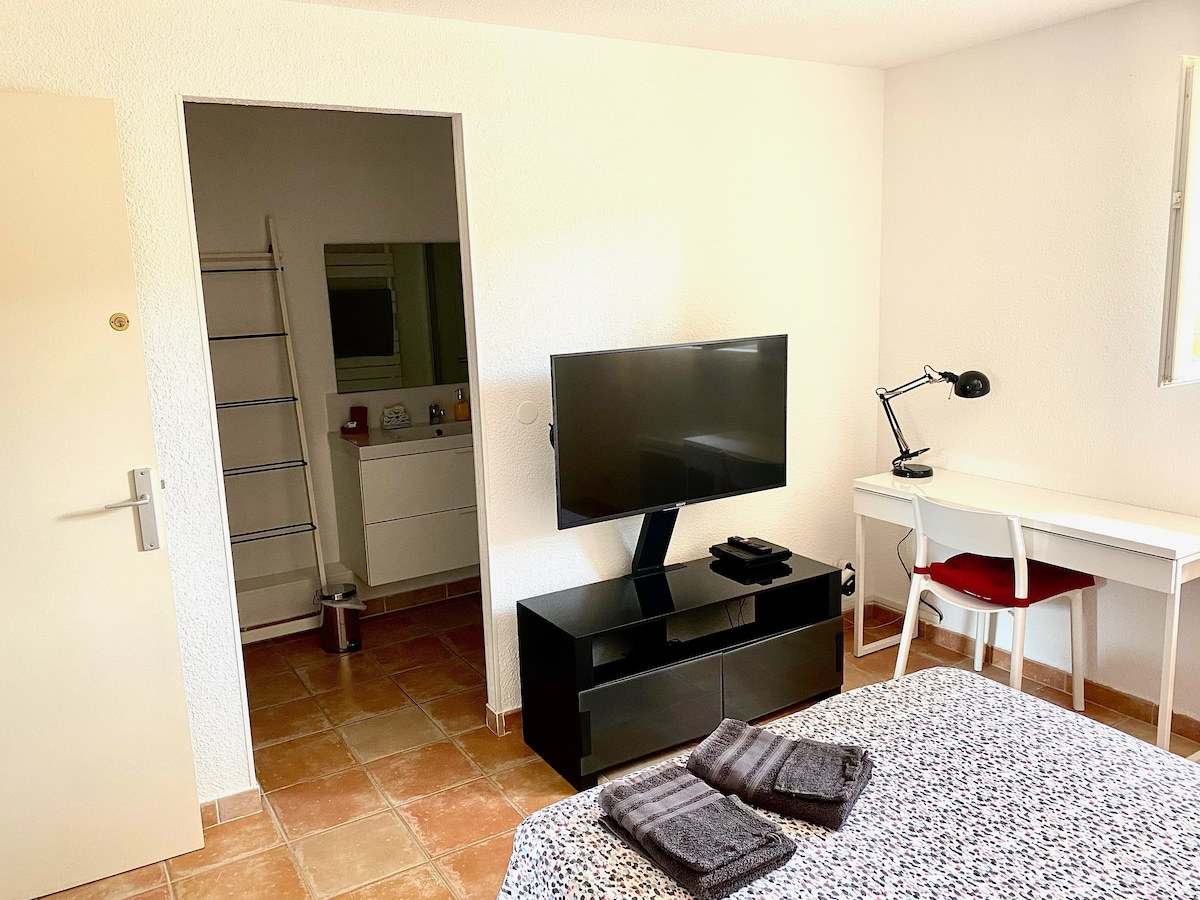 Mwonekano mwingine wa chumba kikuu, kilicho na eneo la dawati na bafu chini na hifadhi nyingi zinazowezekana.