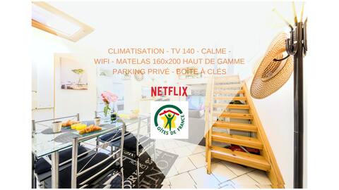Duplex ⭐⭐⭐ 54m2, 2ch, NETFLIX+TV 140,WIFI+Parking