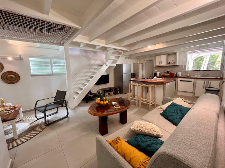 Მისაღები ოთახი ტელევიზორით და ღია სამზარეულოთი 