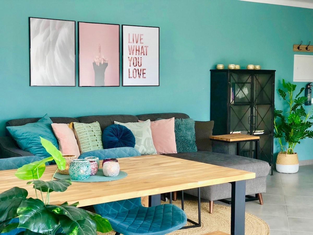 The living area is designed with a soft blue-green wall, complemented by a cozy couch adorned with decorative pillows. A wooden dining table with seating is positioned nearby, while a plant adds a touch of greenery. Three framed artworks hang above the couch.