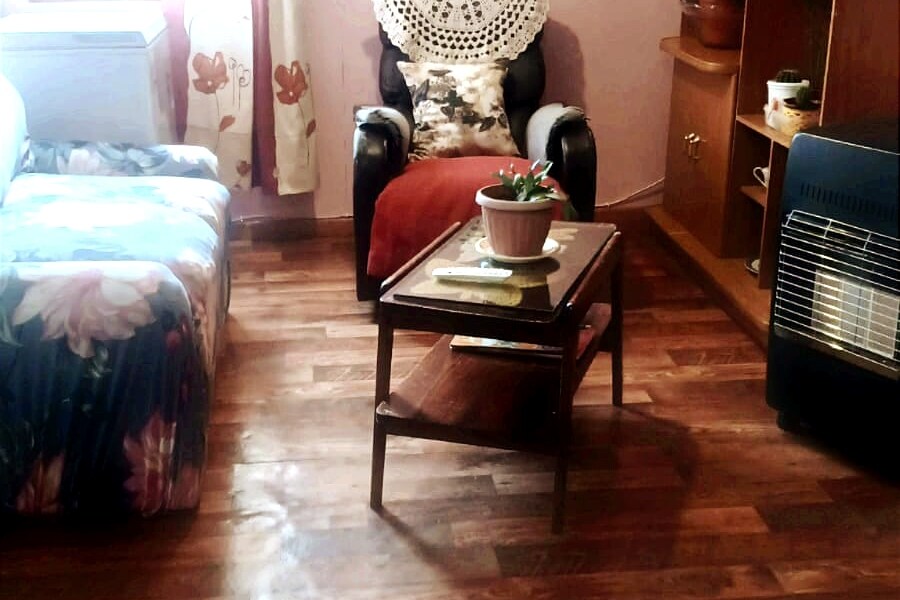A cozy living area is presented with a floral-patterned couch and a reclining chair, draped with a warm throw. A wooden coffee table holds a potted plant, and a small cabinet features decorative items. Natural light filters through the curtains, complementing the warm wooden flooring.
