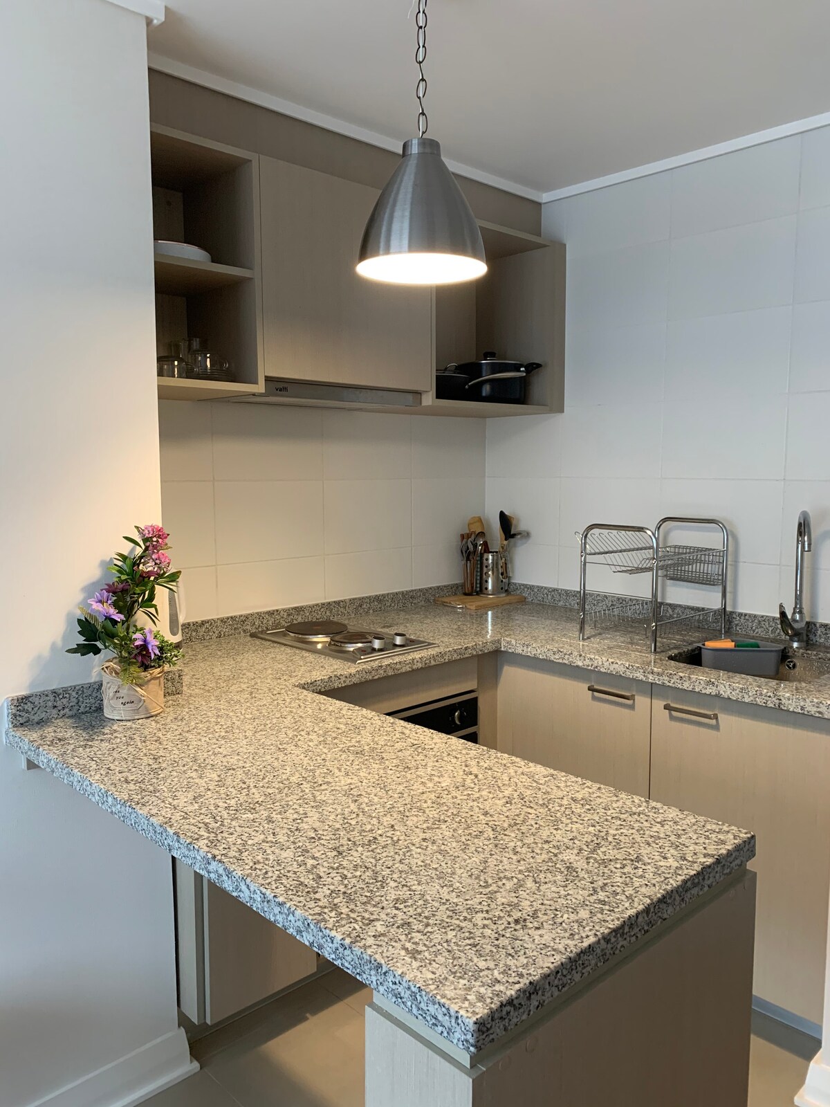A modern kitchen features sleek cabinetry in neutral tones, complemented by a granite countertop. Under-cabinet lighting illuminates the space, highlighting a gas stovetop and ample organizational options. A decorative vase with flowers adds a touch of warmth to the clean, functional design.