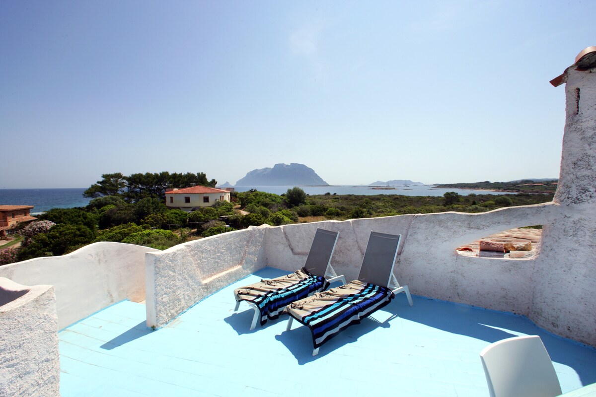 A panoramic terrace features two sun loungers arranged thoughtfully, offering views of the surrounding greenery and the coastline. The island of Tavolara is visible in the distance, with a clear sky above enhancing the serene outdoor space.