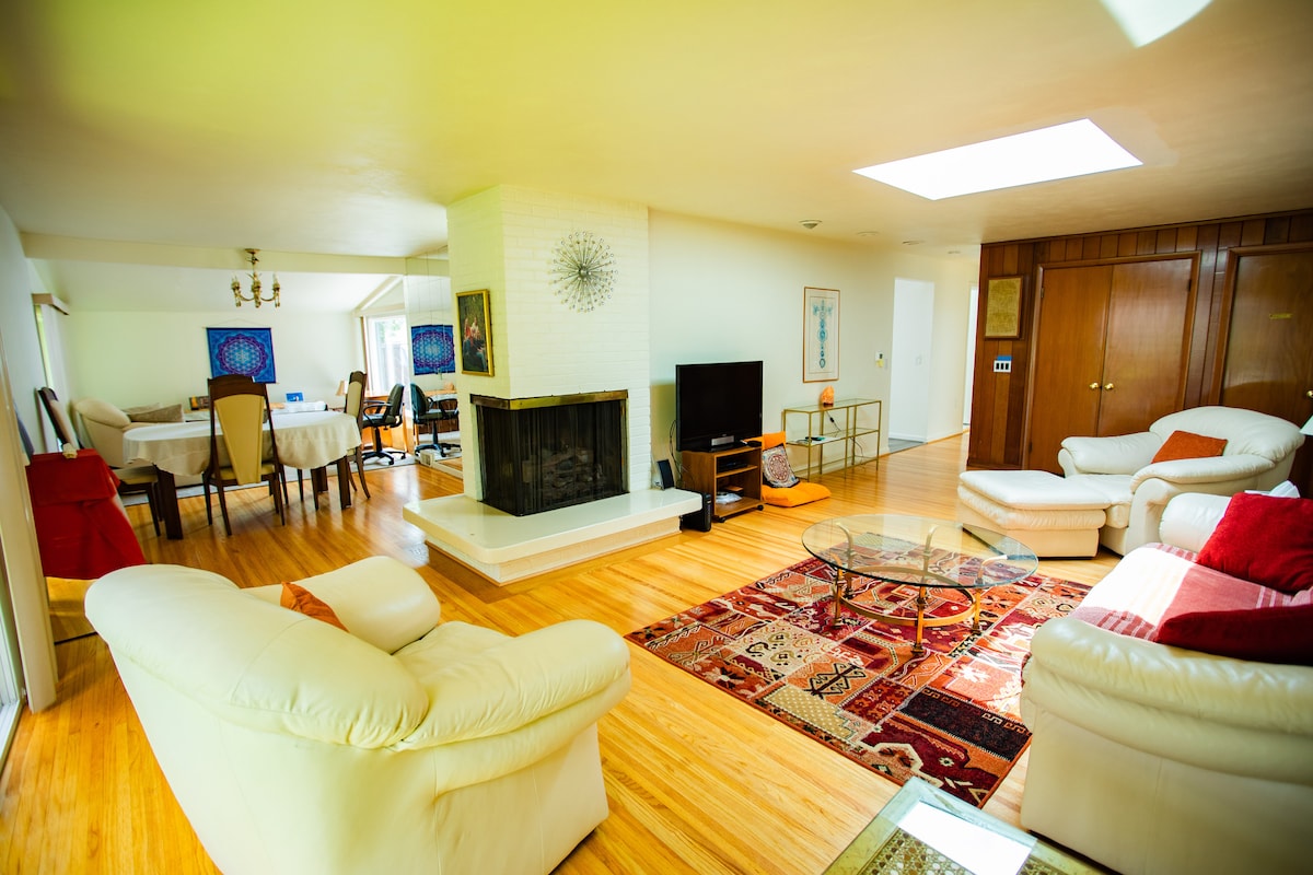 The spacious living area features a bright, airy atmosphere with large windows and a skylight. A central fireplace is surrounded by comfortable seating, and a patterned area rug adds warmth to the hardwood floor. A smart TV is positioned for easy viewing.