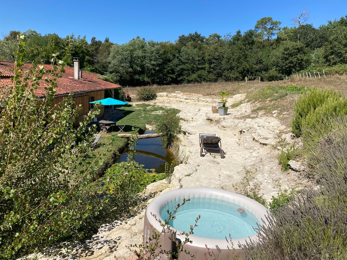 A tranquil outdoor space is visible, featuring a circular hot tub positioned near a small pond. Comfortable lounge furniture is located under a shaded area with an umbrella. The surrounding landscape includes patches of green grass and trees under a clear blue sky.