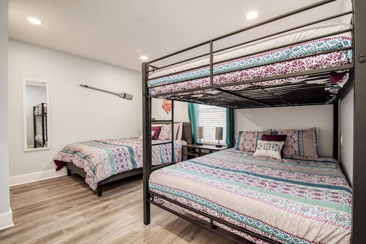 Second bedroom, queen and queen over queen bunk and a private bathroom