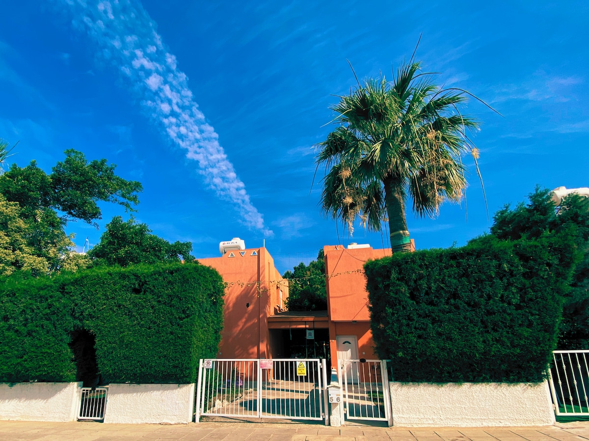 A bright, sunny exterior view of a villa is depicted, featuring a peach-colored façade surrounded by lush greenery. A tall palm tree stands prominently in front, while white gates lead into the property, enhancing the inviting appearance.