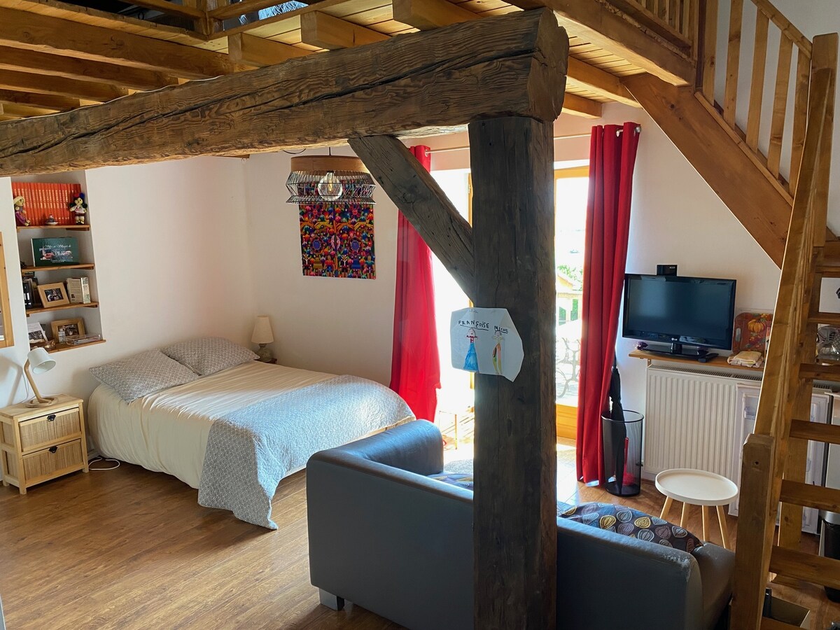 睡眠区1张双人床和客厅；电视、微波炉、冰箱、咖啡机、小洗碗壶