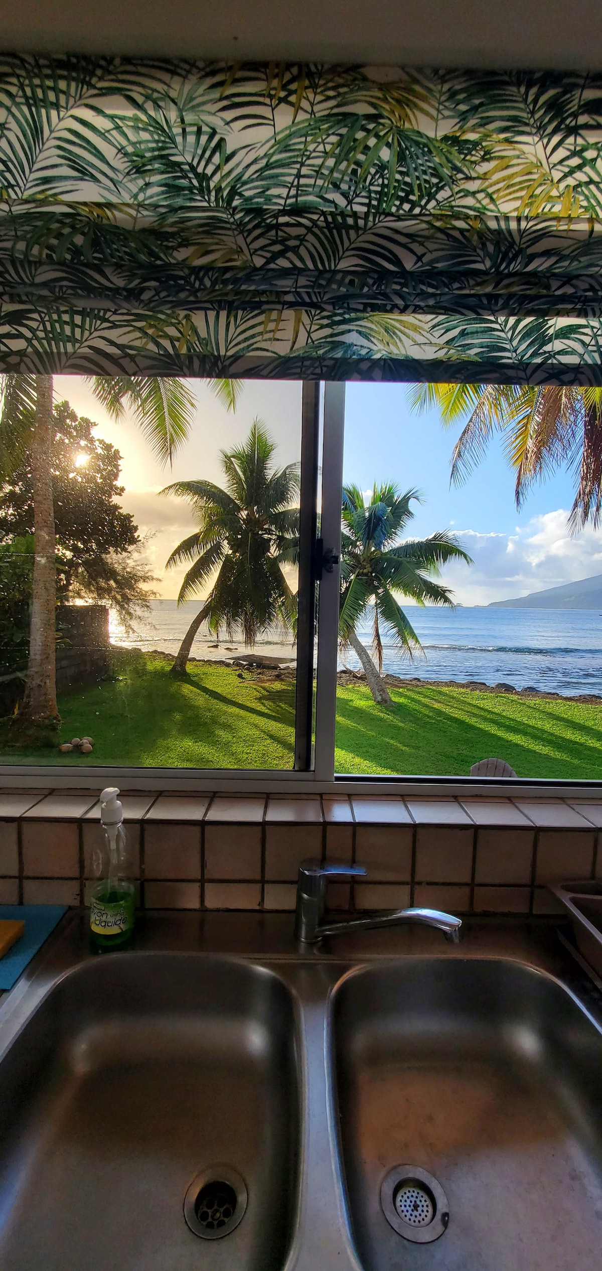 A view from the kitchen window showcases palm trees swaying gently in the breeze, with the ocean visible in the background. The sunlight creates a serene scene, reflecting off the water, while the vibrant colors of the landscape add a touch of tranquility to the space.