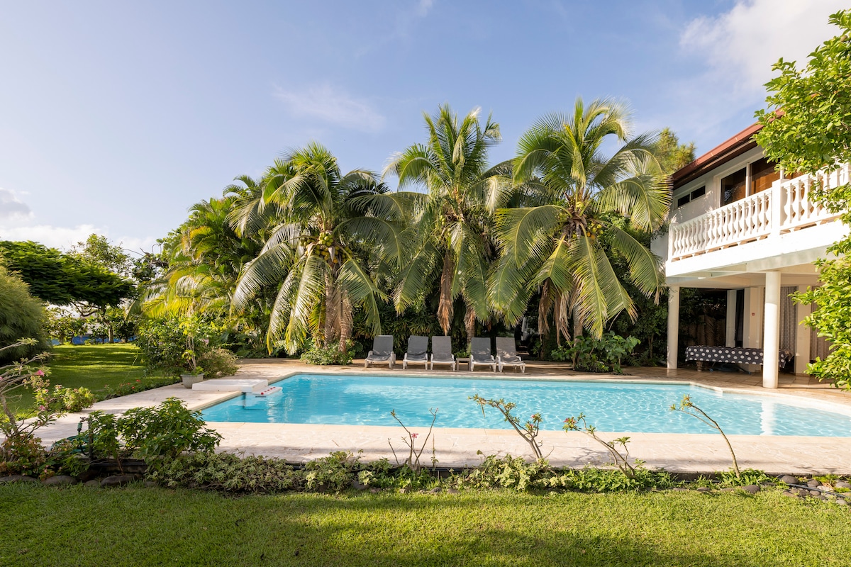 The image shows a serene outdoor space featuring a large swimming pool surrounded by lush greenery. Palm trees and tropical plants provide shade and privacy. Comfortable lounge chairs are positioned near the pool, inviting relaxation in a tranquil atmosphere.
