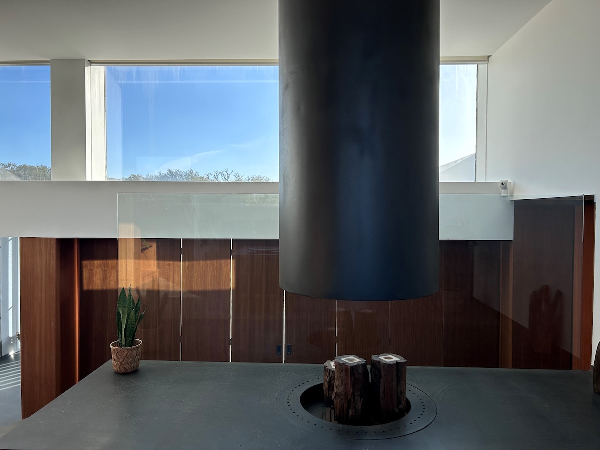 A modern area features a suspended black fireplace above a sleek countertop. Natural light floods the space through large windows, highlighting the contrasting rich wooden panels. A small potted plant adds a touch of greenery to the stylish setting.