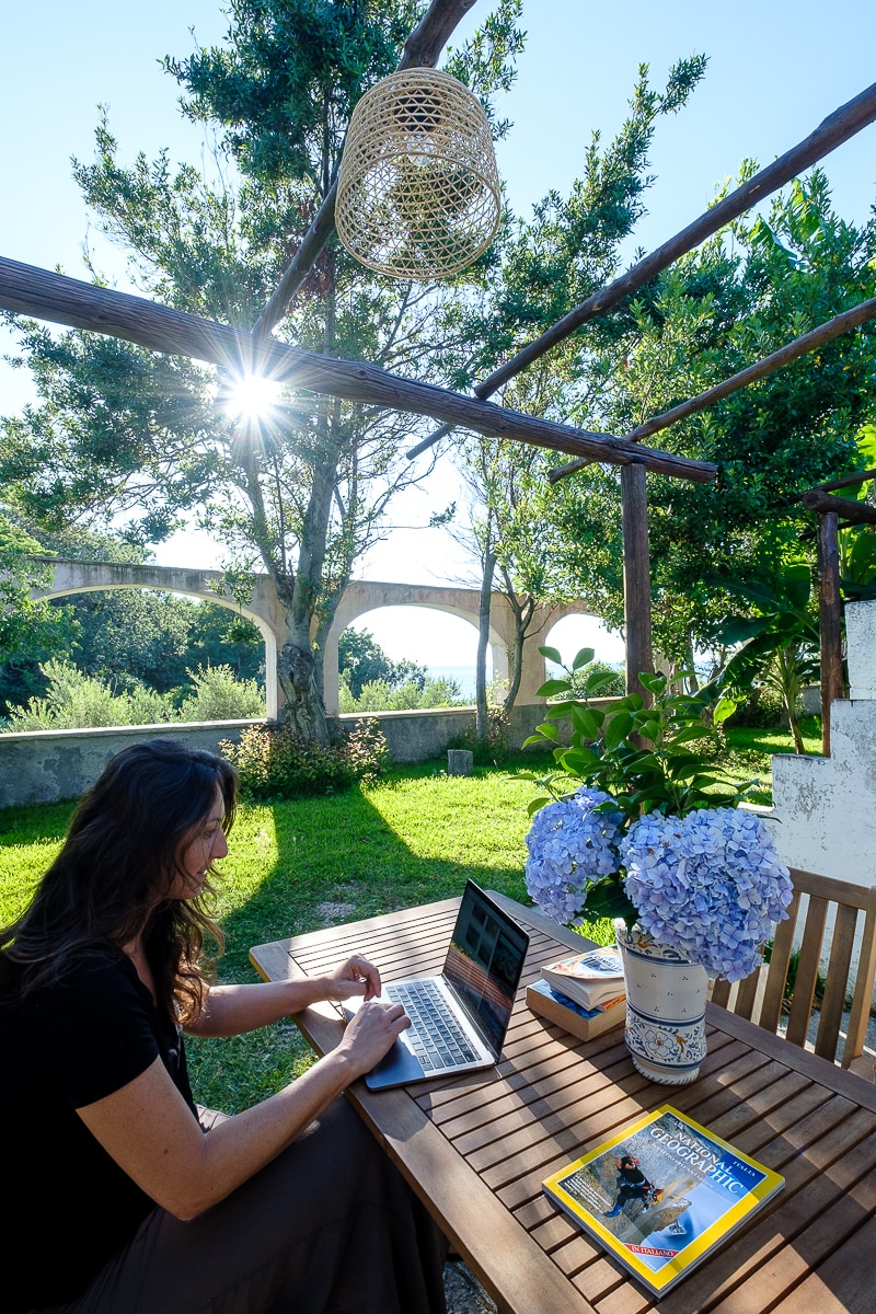A shaded outdoor seating area is shown, featuring a wooden table with a laptop and a vibrant blue hydrangea arrangement. Sunlight filters through the trees, creating a warm ambiance. Elements of greenery and a stone structure are visible in the background.