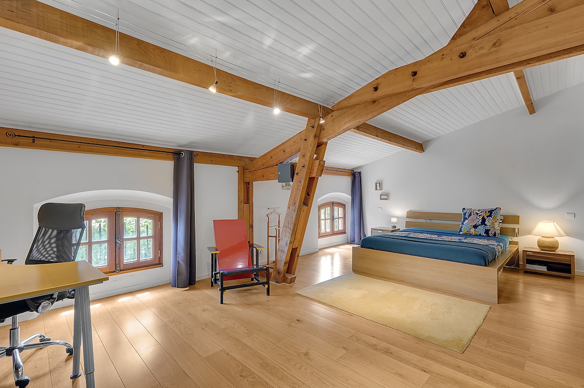 A spacious bedroom features vaulted wooden beams overhead and warm wooden flooring. A large bed is dressed with colorful pillows, accompanied by bedside tables with lamps. A desk and ergonomic chair provide a work area, while natural light fills the room through multiple windows.