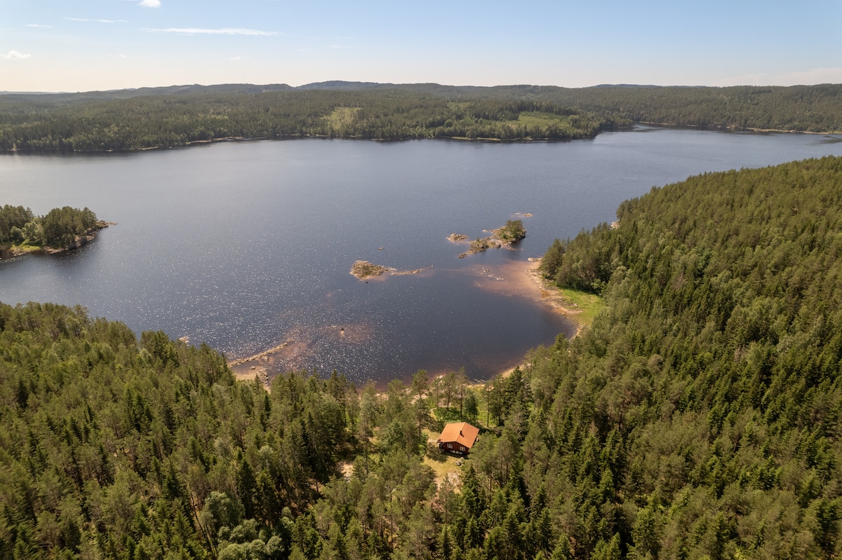 Aerial view showcasing the cabin nestled amidst dense green forests, near the shimmering waters of Store Erte lake. The landscape features varied shades of greenery, with the calm lake reflecting the surrounding nature under clear skies.