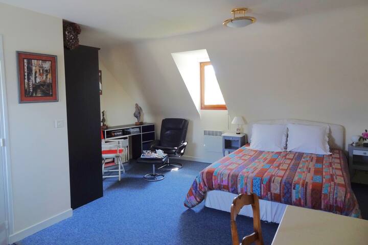 Beauport Vaste and bright studio, king-sized bed and sitting area.