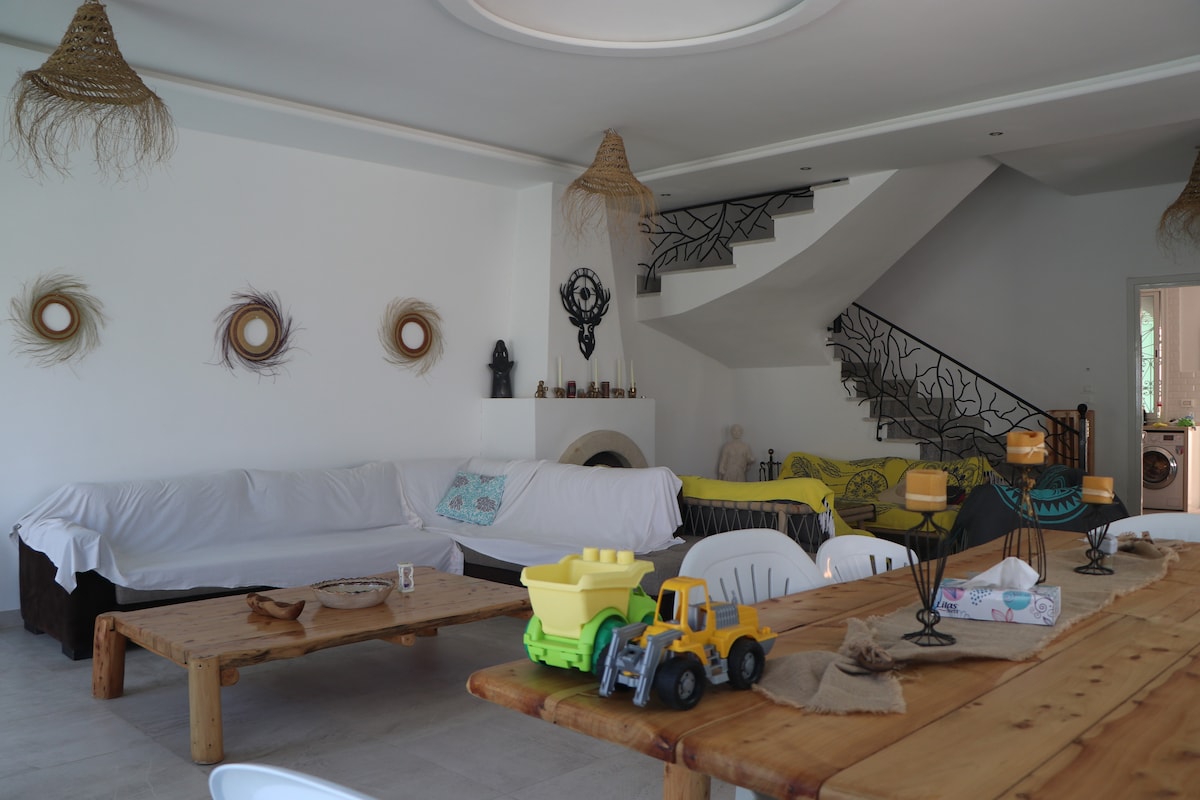 Odličan dnevni boravak s kaminom, velikim stolom za objedovanje ili igru, 4 sofe i dva stolića za kavu

Lokalni dekor s keramikom Sejnane, dobrim robom Cape Woodwork i kasserine slame