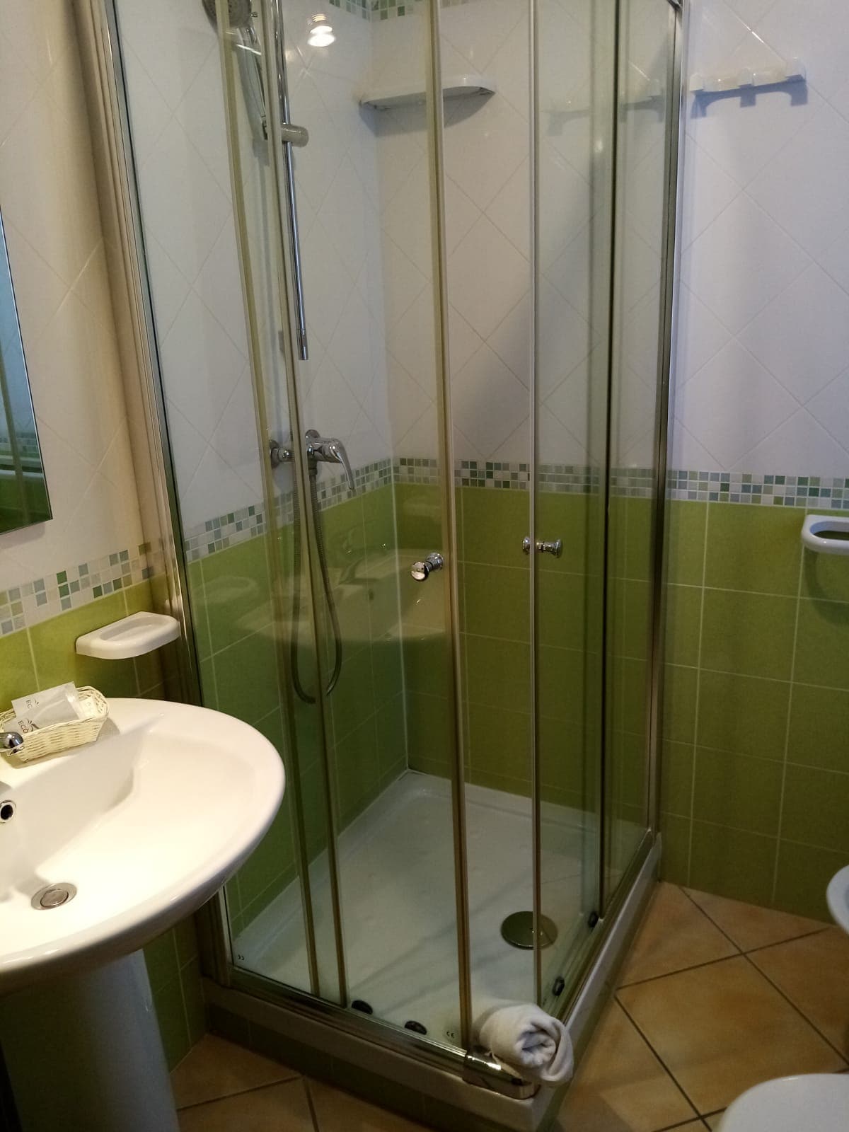 A modern shower enclosure features glass doors, allowing light to enter the space. The tiled walls are accented with green highlights, complementing the light-colored fixtures. A compact washbasin is located nearby, with toiletries placed neatly on the counter.