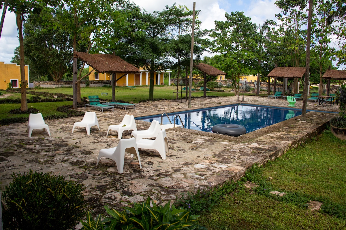 A communal pool area is surrounded by green gardens and shade-providing trees. Five white chairs are positioned around the pool deck, with two grass-covered patios featuring thatched roofs in the background. The calm water reflects the clear sky, inviting relaxation.