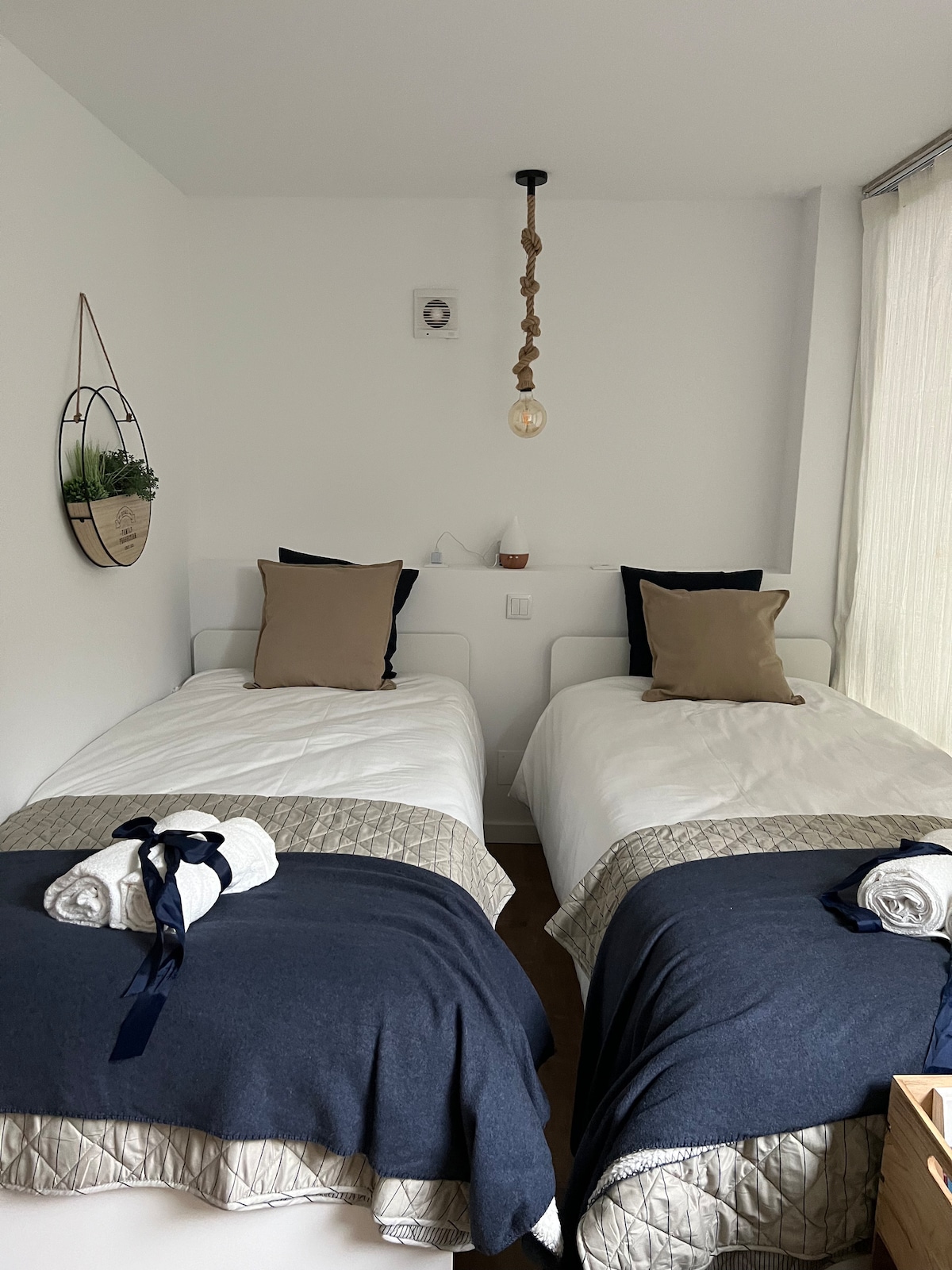 A tranquil bedroom features two neatly arranged beds dressed with white linens and navy blue throws. Decorative cushions are placed on each bed. A small wall-mounted plant holder adds greenery, while natural light filters through sheer curtains, illuminating the space.