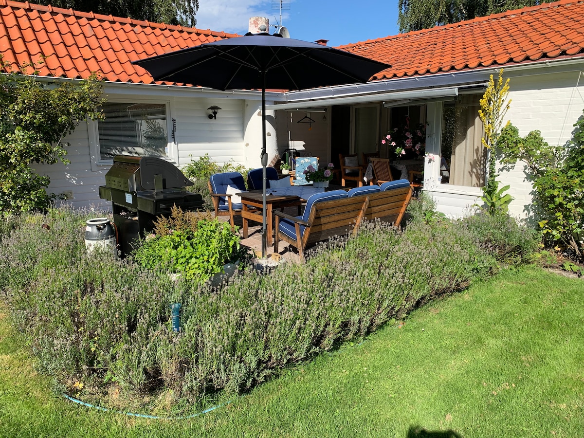 An outdoor seating area is shaded by a large umbrella, featuring comfortable furniture. Surrounding lavender plants add greenery to the well-maintained lawn, with a grill positioned nearby. The house's exterior is visible, showcasing light-colored walls and red roof tiles.