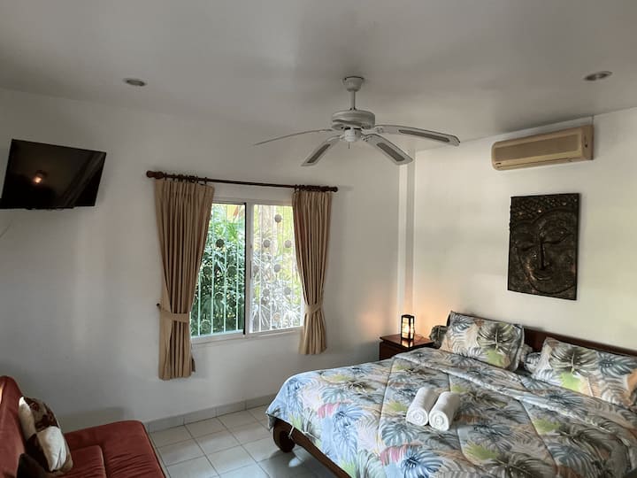 el dormitorio estudio con aire acondicionado, ventilador, TV ,