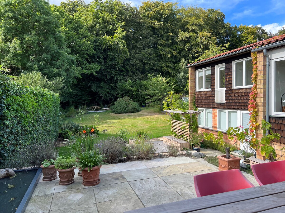 A view of a spacious garden with lush greenery and trees in the background. Potted plants and outdoor seating create a welcoming outdoor space. A well-maintained lawn stretches towards the edge of the forest, enhancing the natural surroundings.