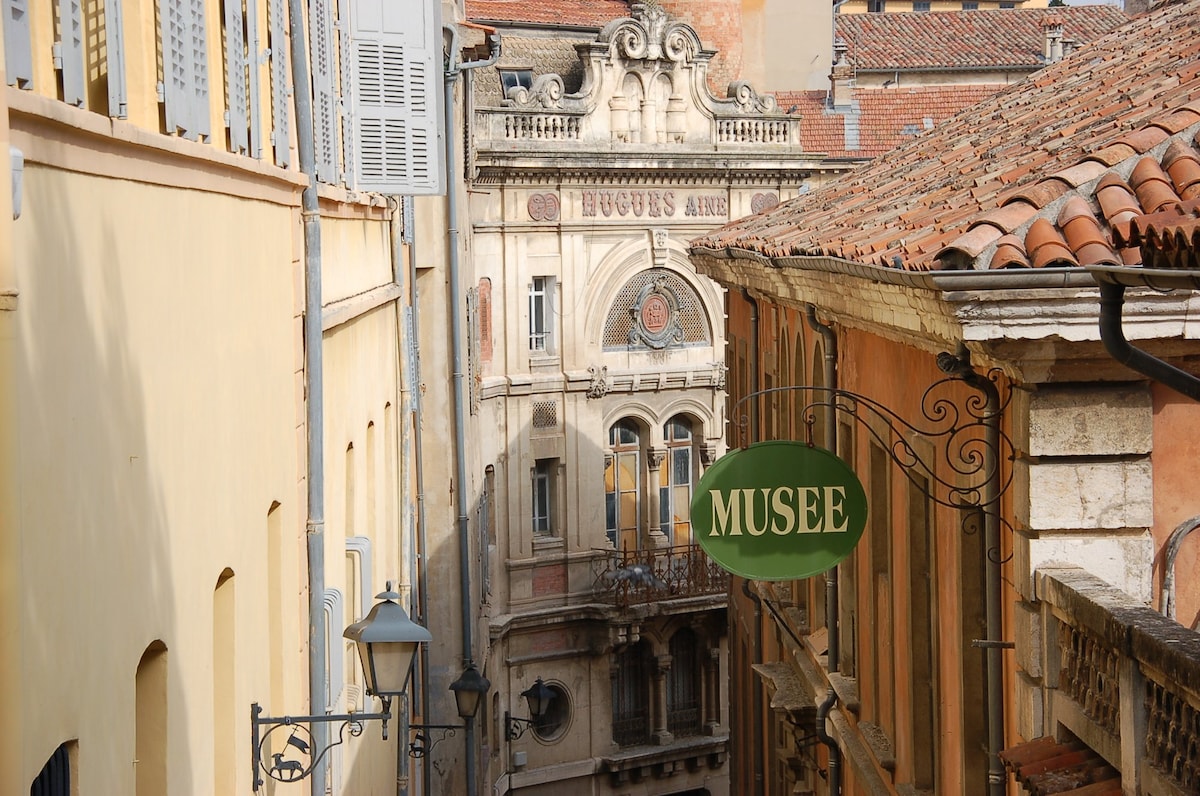 A narrow street is lined with charming buildings, featuring muted yellow walls and terracotta roofs. A sign reading 'MUSEE' hangs prominently, while an ornate historic facade is visible in the background, showcasing intricate architectural details.