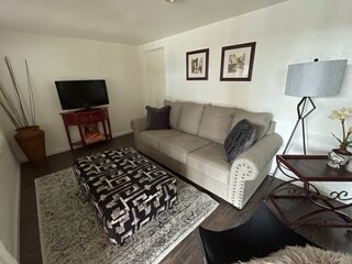 客厅舒适温馨。全新沙发也是一张标准双人折叠床，配有记忆泡沫床垫。 电视提供Amazon Prime、HBO Max、迪士尼和Netflix ，让您在电影之夜入住！