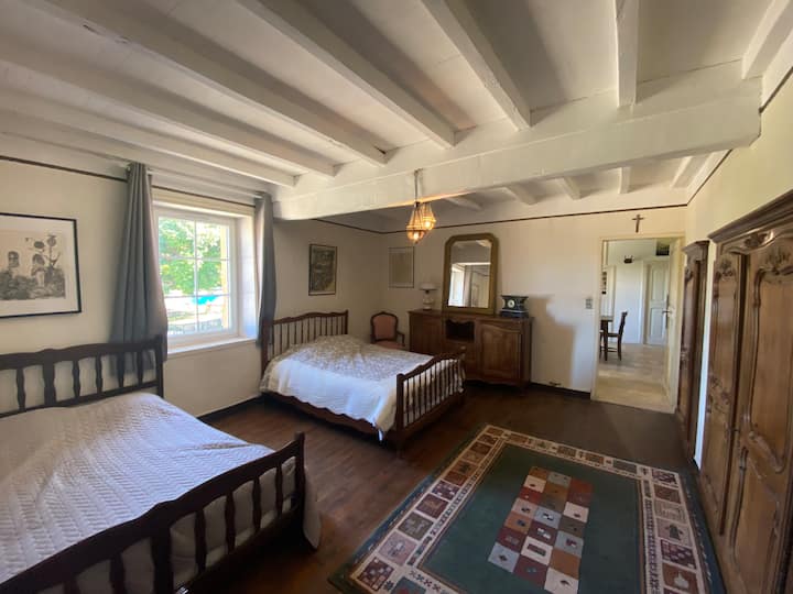 Une très très grande chambre avec deux lits et panderie