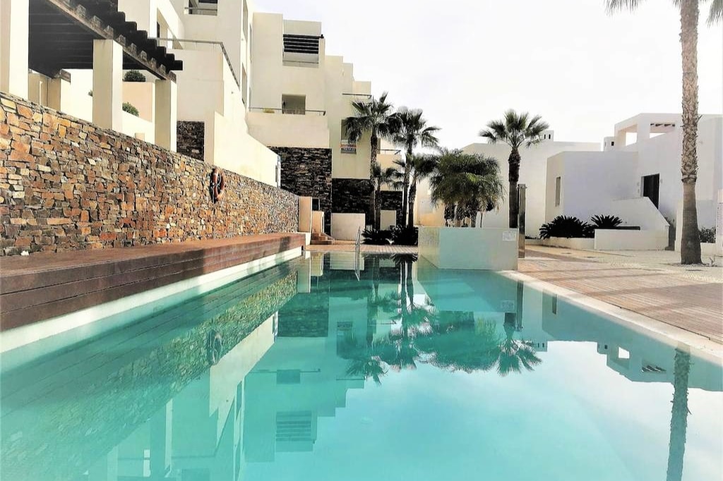 A tranquil swimming pool is surrounded by palm trees and modern architecture. The clear water reflects the nearby structures and the stone wall, creating a serene setting. Lounge areas can be seen along the poolside, enhancing the inviting atmosphere of the space.