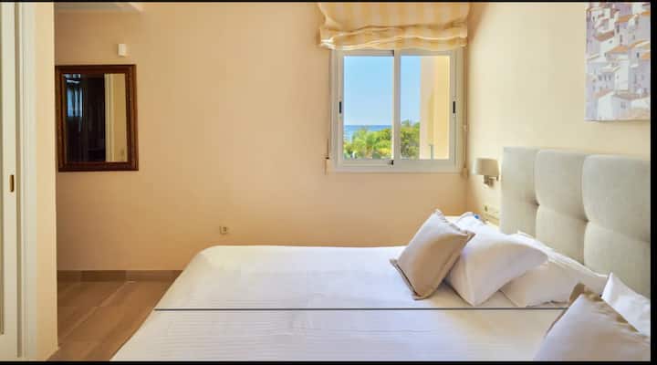 Every room has sea views; the 3rd bedroom is private with it's own huge ensuite bath. Note: this room
Now has 2 beds 80 cm, pushed together but with separate duvets separate fitted sheets.