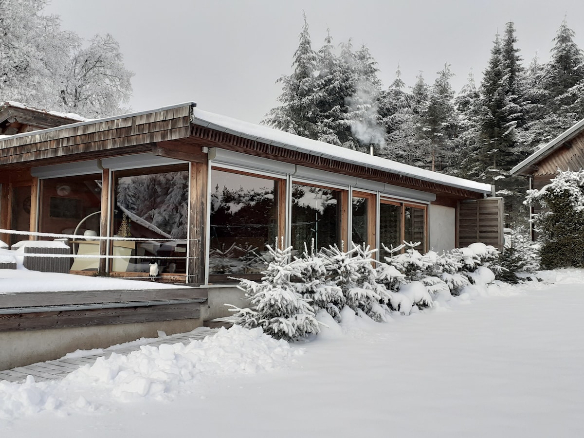 A modern suite is set amidst a snowy landscape, surrounded by tall evergreen trees. Large glass windows reflect the serene winter scene, while a private outdoor area is covered in fresh snow. The architecture combines wood and stone elements for a harmonious appearance.