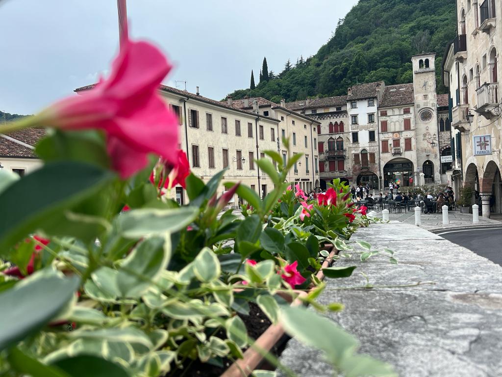 A colorful flower bed in the foreground frames the view of charming buildings, featuring a mix of architectural styles. The scene is enhanced by a mountainous backdrop and a hint of activity with bicycles in the distance, capturing the lively atmosphere of the area.