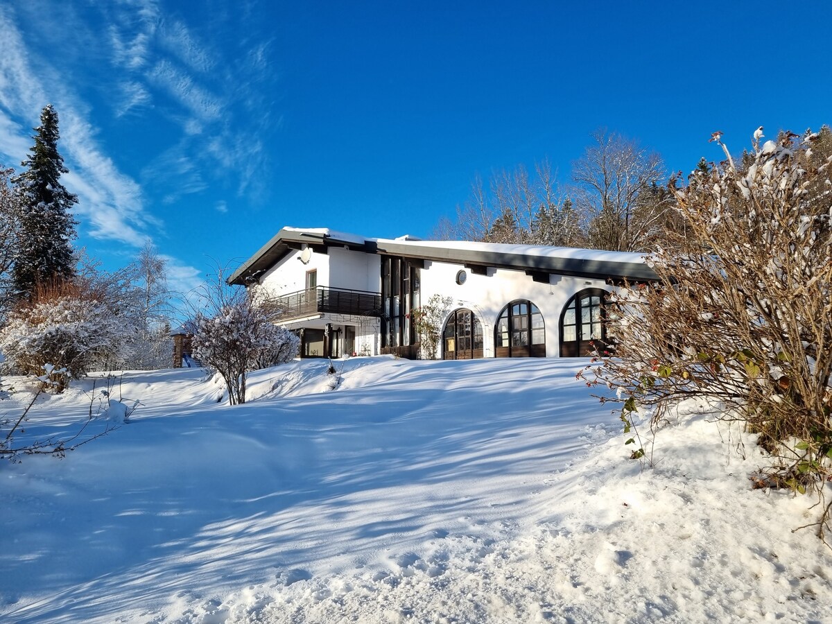 A modern chalet is set against a backdrop of a clear blue sky, surrounded by snow-covered ground and leafless trees. The structure features large arched windows and a balcony, providing a spacious appearance in the winter landscape.