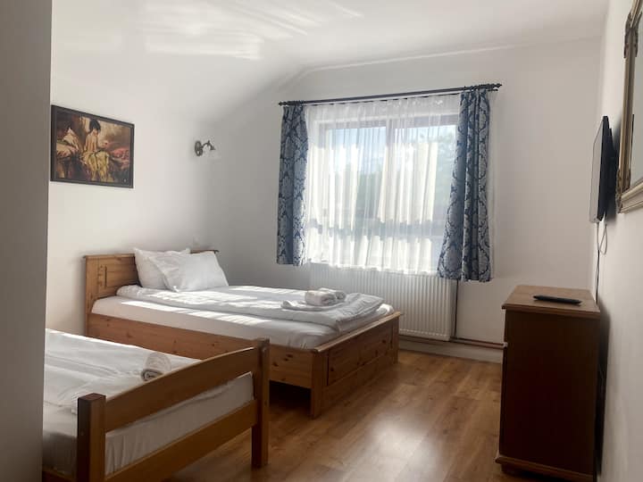 卧室配备特大号床和一张单人床
设有套内卫生间