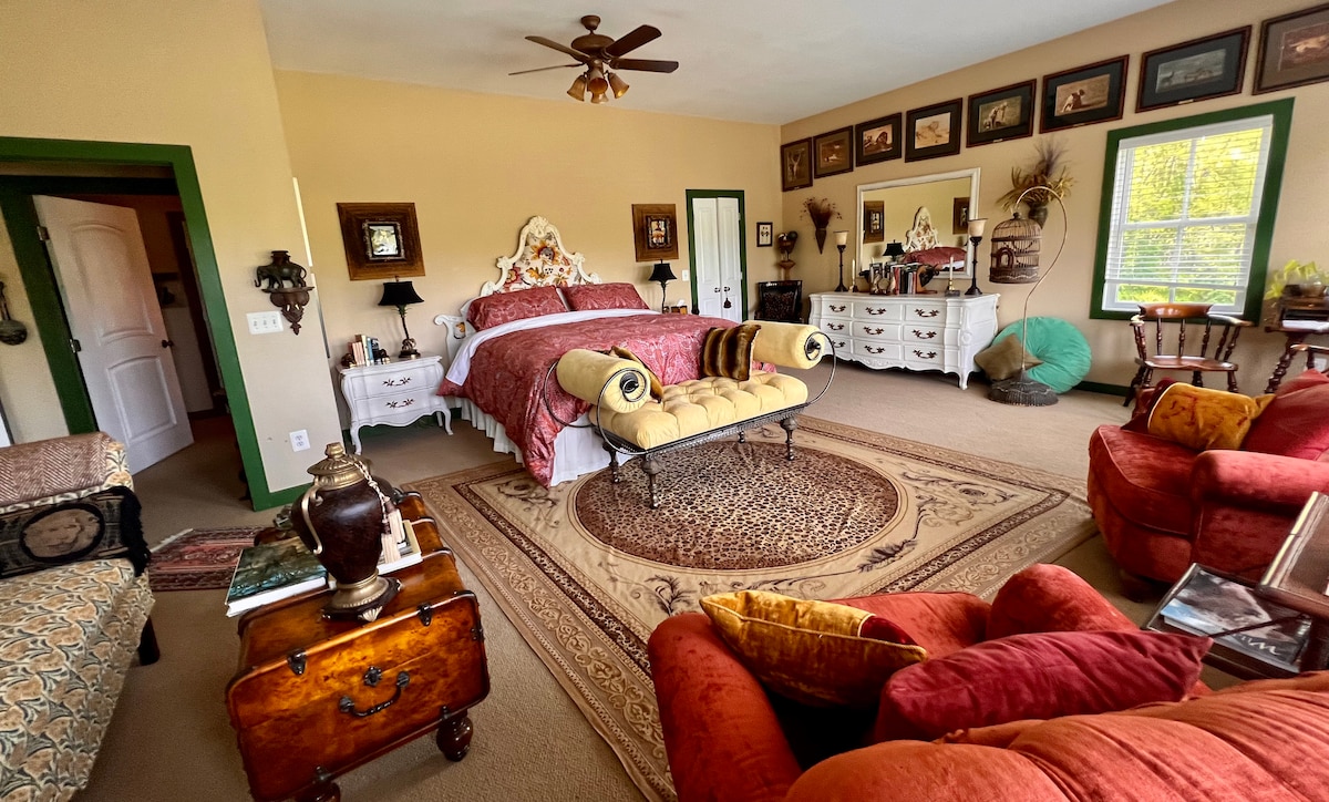 A spacious master bedroom features a large bed with decorative pillows and an elegant headboard. Brightly colored armchairs surround a vintage table, and a plush area rug adds comfort underfoot. The room is adorned with artwork on the walls and natural light streaming through multiple windows.