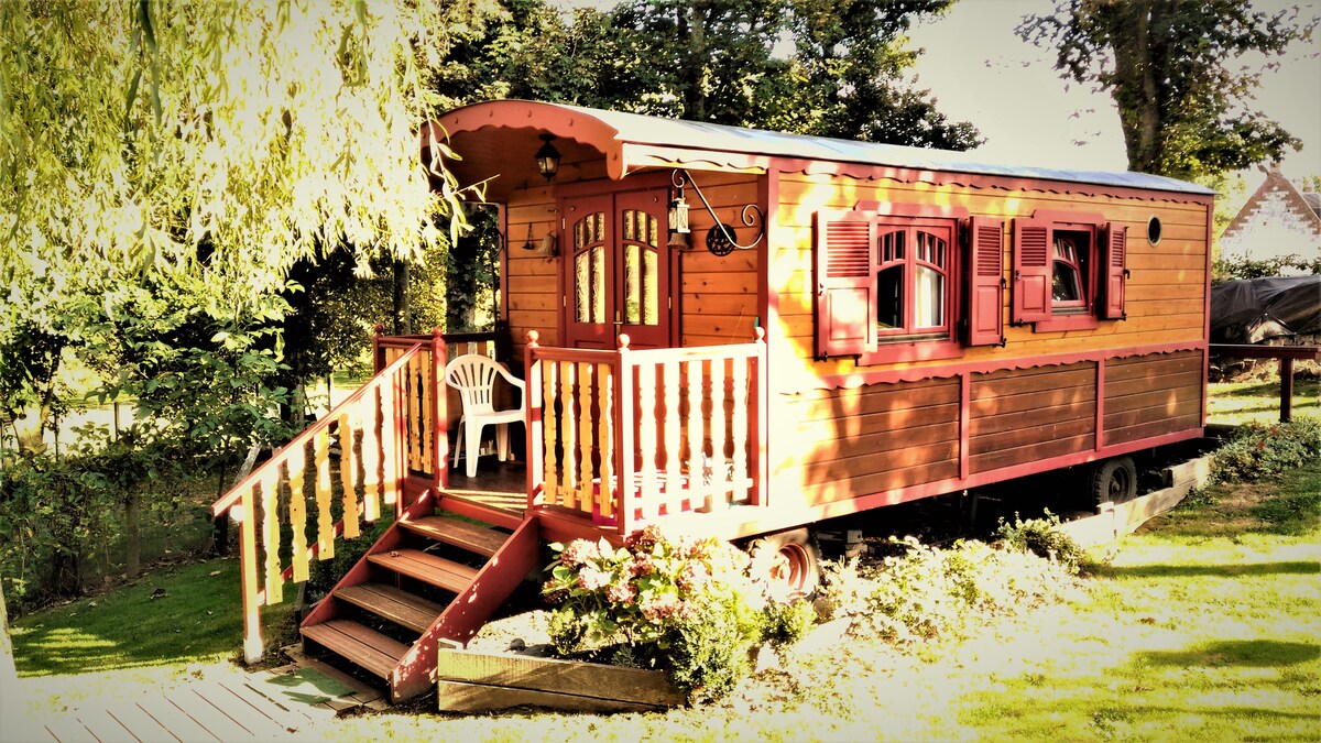 The gypsy caravan is situated on a grassy area within a wooded garden. A wooden deck with steps leads to a welcoming porch adorned with charming red shutters and a white chair, providing a serene outdoor space for relaxation.