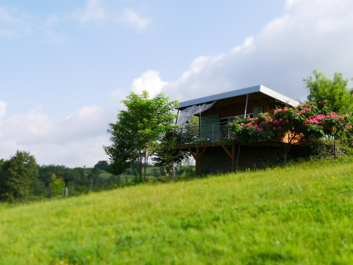 A charming cabin is positioned on a grassy hillside, surrounded by lush trees and flowering shrubs. A balcony can be seen, inviting outdoor relaxation while providing views of the scenic landscape. The structure is designed to blend harmoniously into the natural environment.