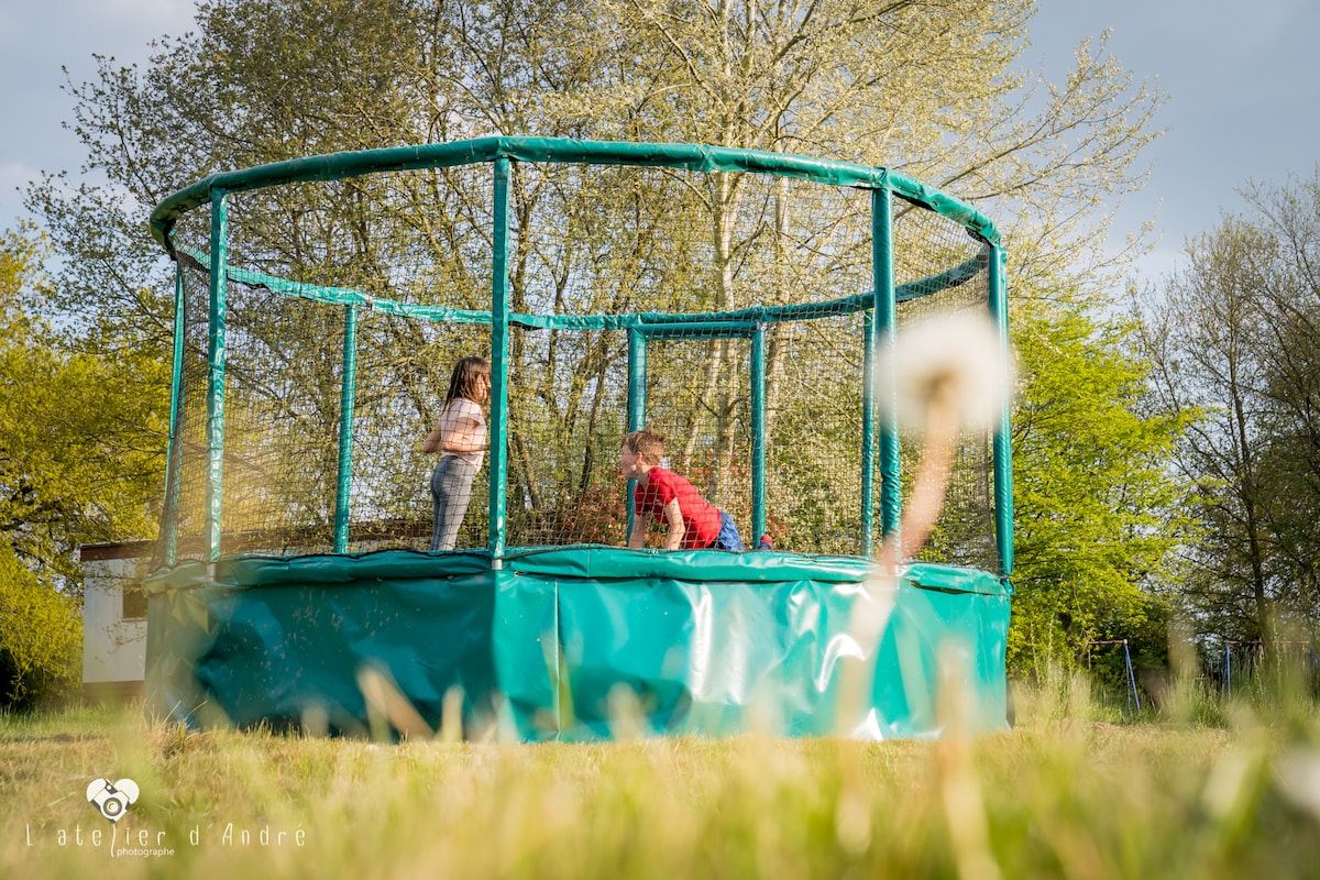 An enclosed trampoline is featured in a grassy area, surrounded by trees and sunlight. Two children are seen playing, one climbing while the other enjoys jumping. The vibrant green safety net complements the natural surroundings, creating a playful outdoor space.