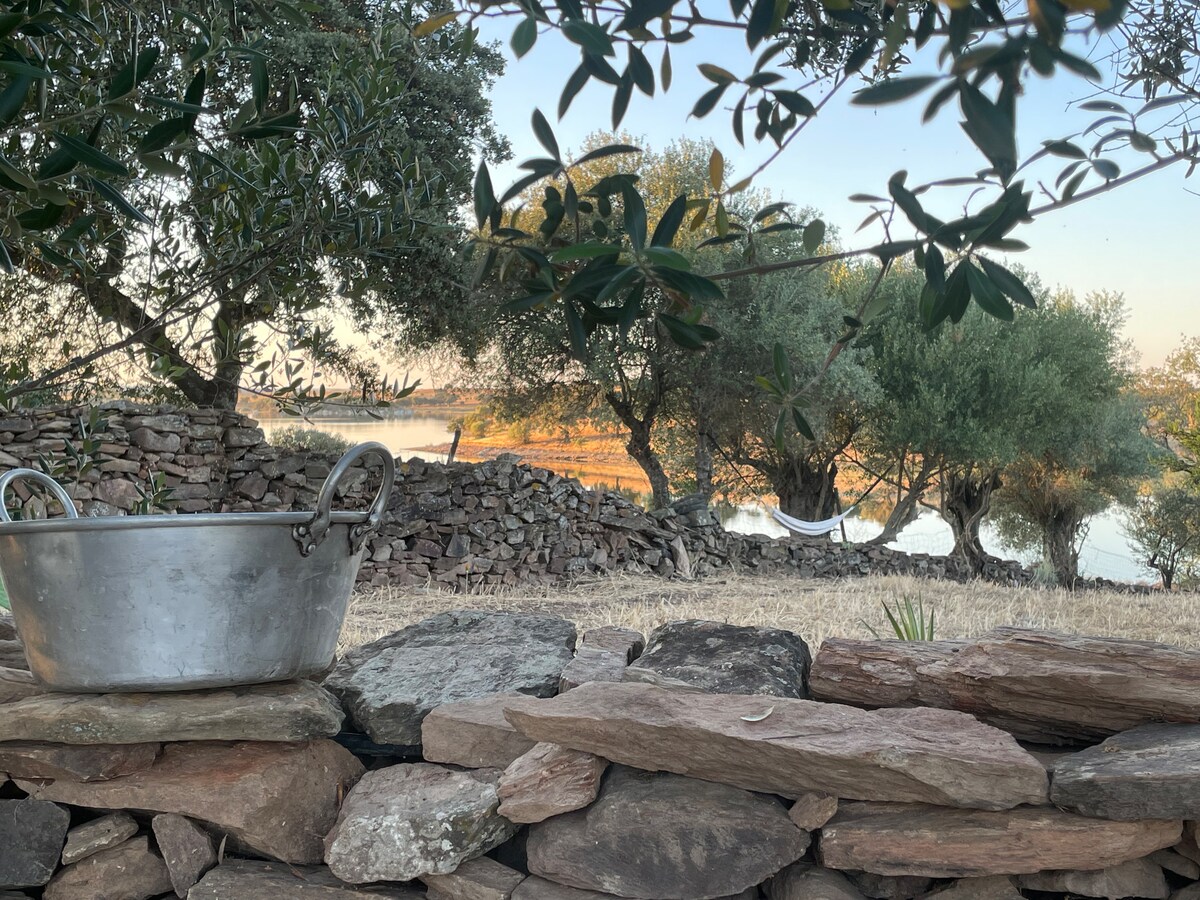 An outdoor scene captures a metal basin placed on a stone wall, with olive trees surrounding a tranquil artificial lake. A hammock is subtly positioned in the background, suggesting a peaceful retreat in nature.
